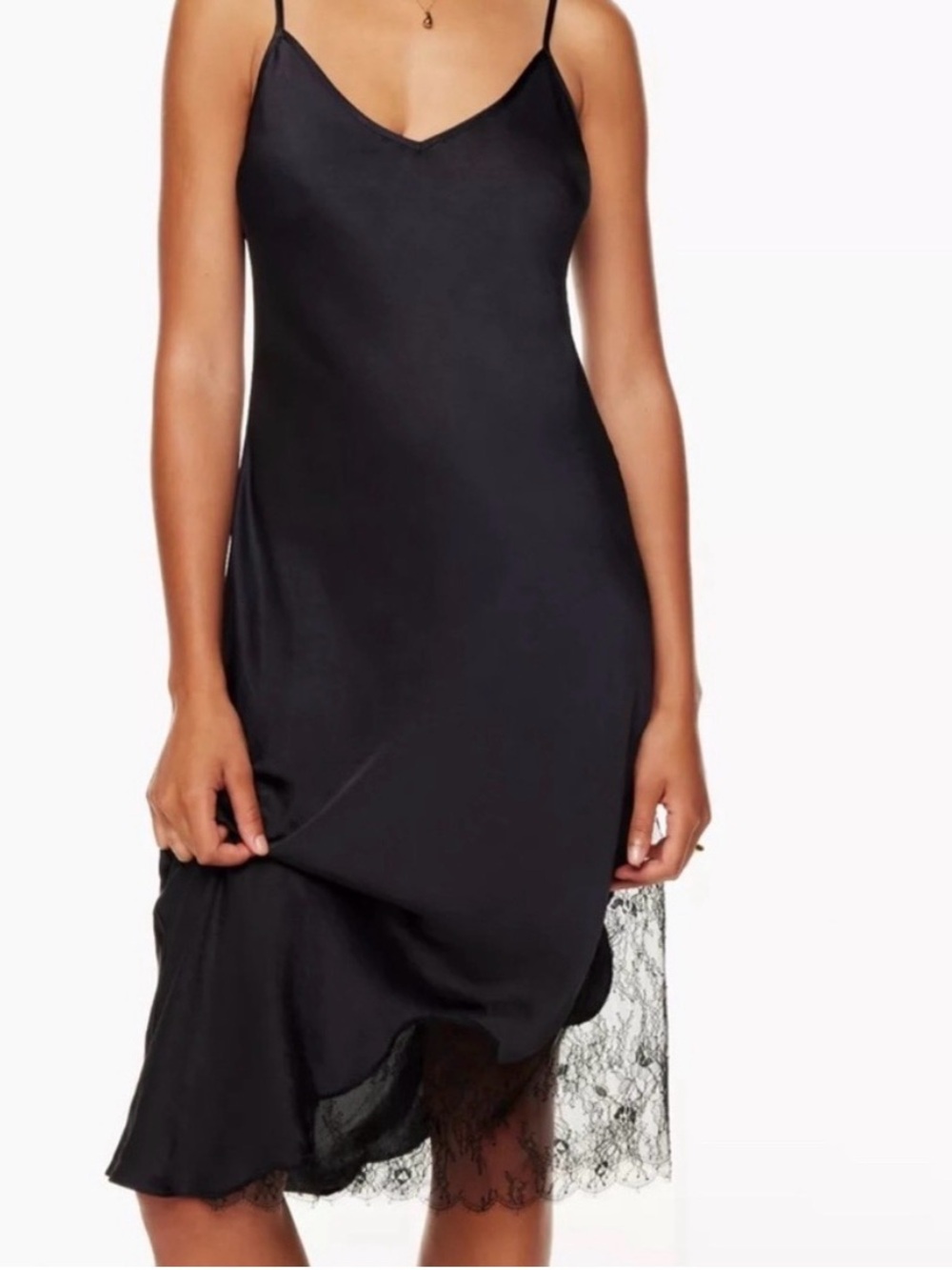 Aritzia Wilfred Black Satin Midi Slip Dress with Asymmetrical Lace Hem